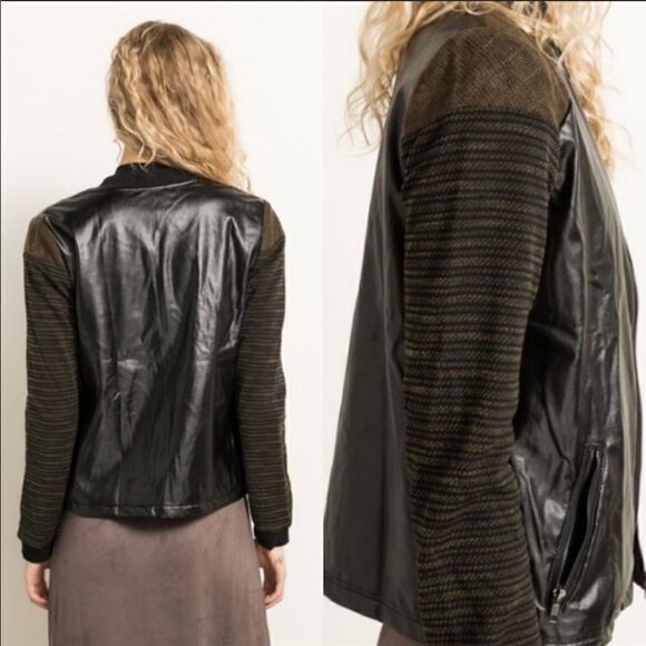 Vegan Leather/Knit Spliced Bomber Jacket - Picture 6 of 16